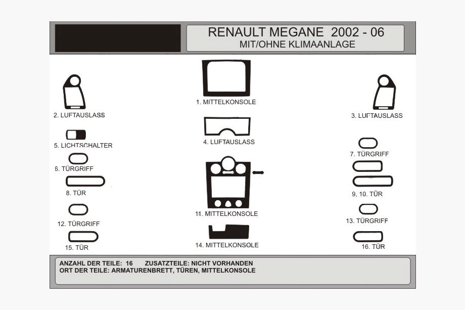 Renault Megane II 2004–2009 Sada krytů palubní desky 16 dílů (Hartman, Polsko) Image