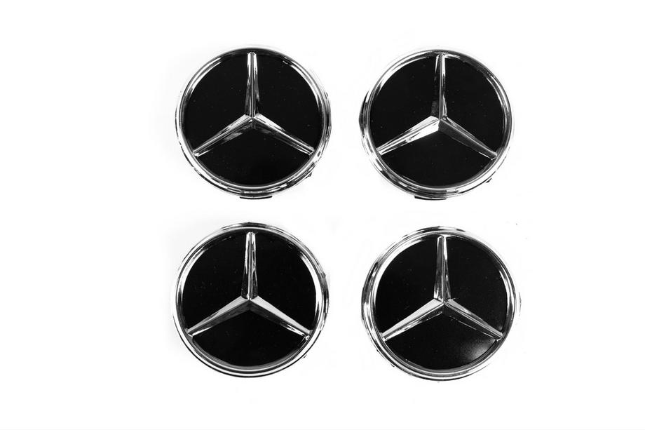 Mercedes-Benz Středové krytky kol 71/74 mm bez kroužku (4 ks, černé s chromovým znakem) Fotografie 2