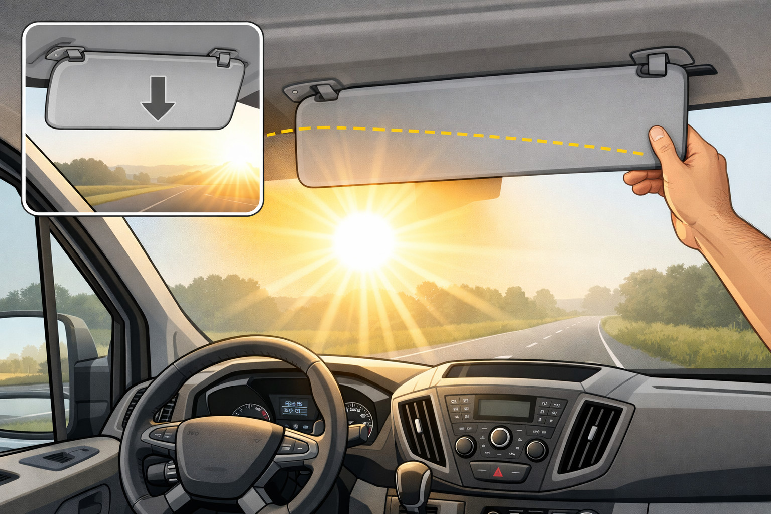 Jak omezit oslnění sluncem na čelním skle Ford Transit ráno