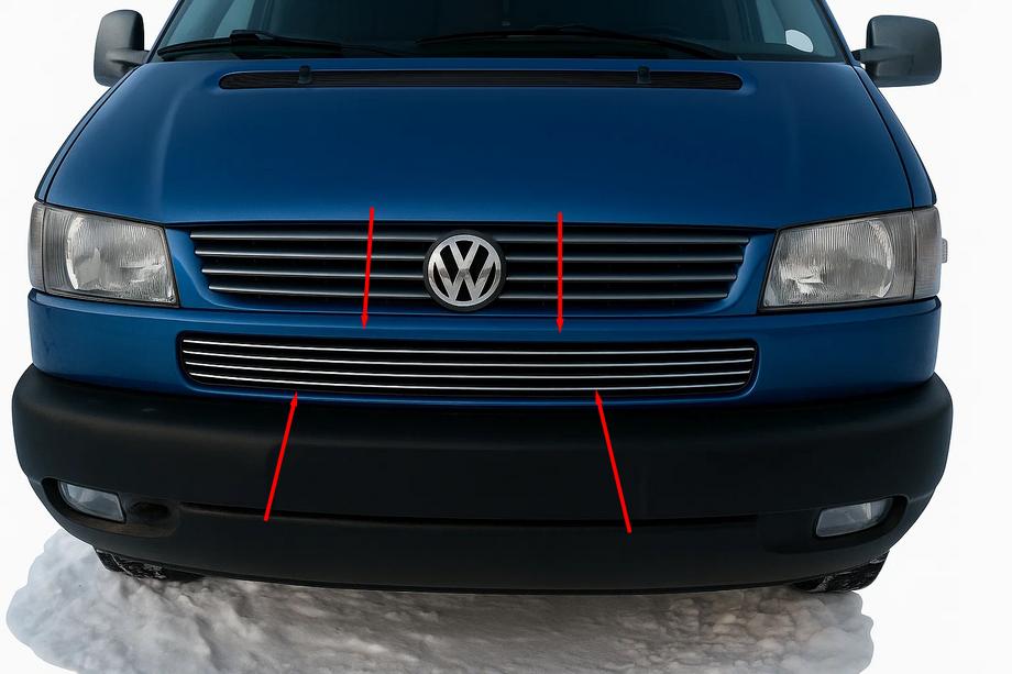 Volkswagen T4 Transporter 1990–2003 Nerezové lišty na mřížku v nárazníku Kosoy kapot (4 ks) Image